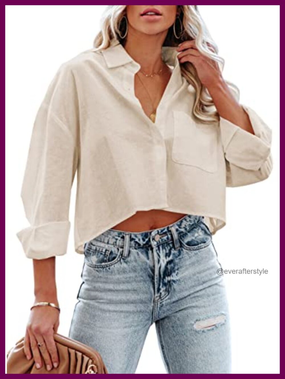 100% Cotton Long Sleeve Button Down Cropped Shirt Collared Blouse